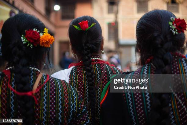 Nepalese people take part in a mass Mha: Pooja ceremony at Khokana, Lalitpur on Friday, November 5, 2021. Mha: Pooja meaning worshipping own bodies...