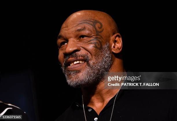 Mike Tyson attends the weigh-in for boxers Canelo Alvarez and Caleb Plant on November 5, 2021 at MGM Grand Garden Arena in Las Vegas, Nevada. -...