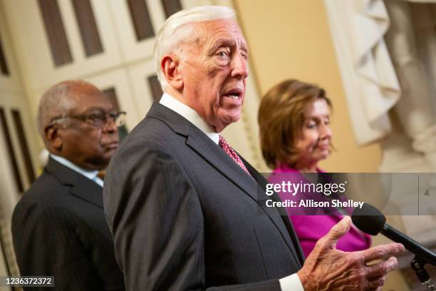 House Speaker Nancy Pelosi , House Majority Whip James Clyburn , and House Majority Leader Steny Hoyer speak to reporters at the U.S. Capitol...