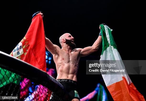 Dublin , Ireland - 5 November 2021; Pedro Carvalho celebrates after defeating Daniel Weichel in their featherweight bout at Bellator 270 at the...