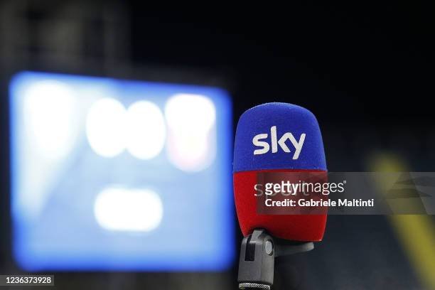 Microphone of Sky Sport TV during the Serie A match between Empoli FC v Genoa CFC at Stadio Carlo Castellani on November 5, 2021 in Empoli, Italy.