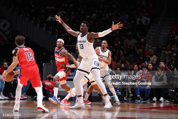 Jaren Jackson Jr. #13 of the Memphis Grizzlies defends in the game against the Washington Wizards on November 5, 2021 at Capital One Arena in...