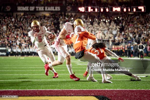 Phil Jurkovec of the Boston College Eagles runs to score a touchdown during the first quarter against the Virginia Tech Hokies at Alumni Stadium on...