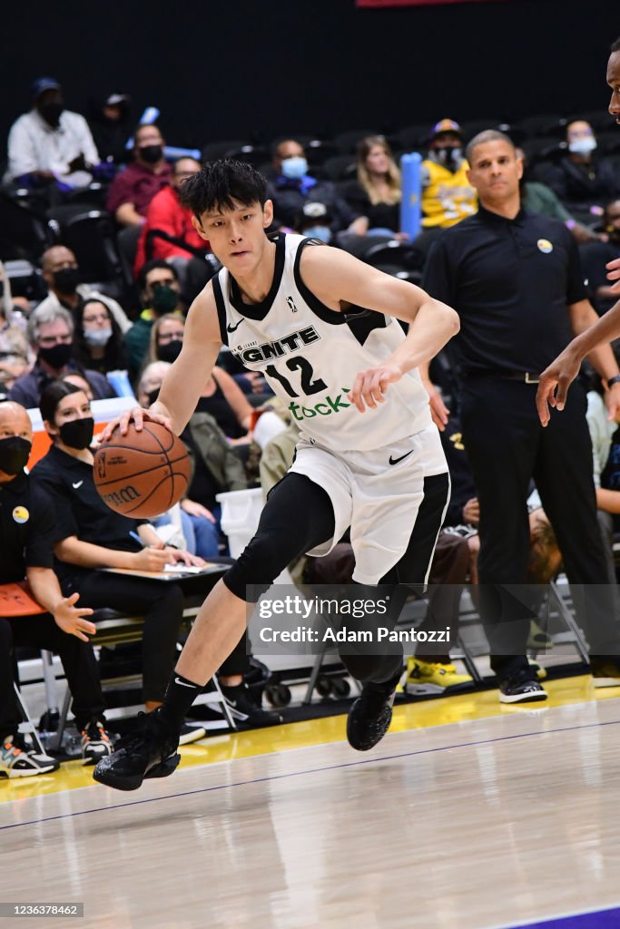 Fanbo Ignite Fanbo Zeng of the G League Ignite drives to the basket against the ...