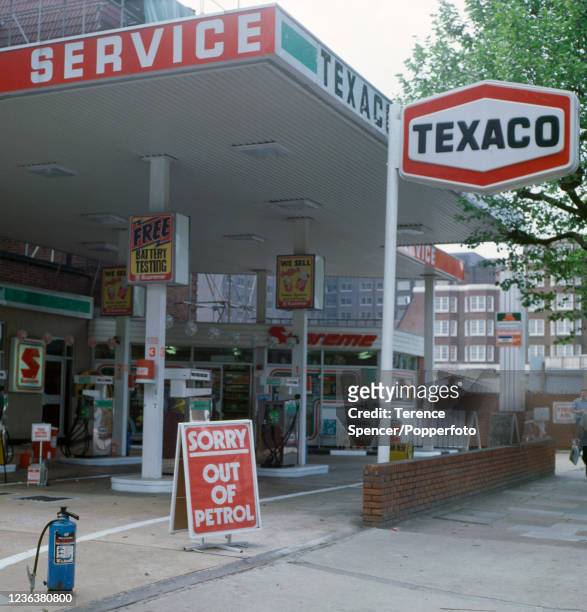 Texaco petrol station showing an "out of petrol" sign during a national fuel shortage after Saudi Arabia proclaimed an oil embargo targeted at...
