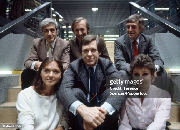 The presenters of ITV's breakfast television company TV-am Robert Kee, David Frost, Michael Parkinson, Anna Ford, Peter Jay and Angela Rippon,...