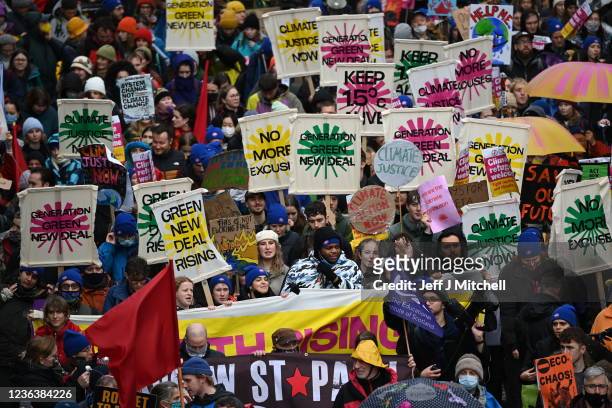 Climate protestors gather for the Global Day of Action for Climate Justice march on November 6, 2021 in Glasgow, Scotland. Day seven of the 2021...