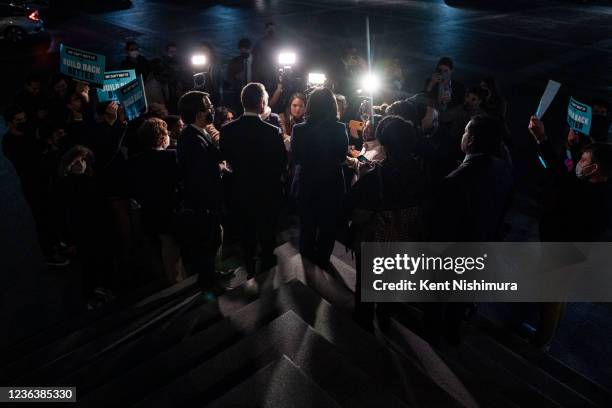 Rep. Pramila Jayapal and Rep. Josh Gottheimer speak during a news conference on the steps of the House of Representatives on Friday, Nov. 5, 2021 in...