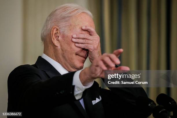 President Joe Biden speaks during a press conference in the State Dinning Room at the White House on November 6, 2021 in Washington, DC. The...