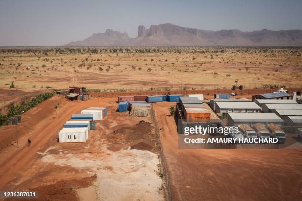 An aerial view shows the United Nations Mission in Mali camp in Douentza, Mopti region on November 05, 2021. - The center of Mali region is the area...