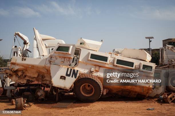 United Nations armoured vehicle that had been hit by and an improvised explosive device is pictured whist parked in the United Nations Mission in...