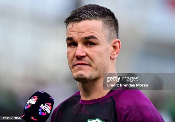 Dublin , Ireland - 6 November 2021; An emotional Jonathan Sexton of Ireland gives an interview after the Autumn Nations Series match between Ireland...