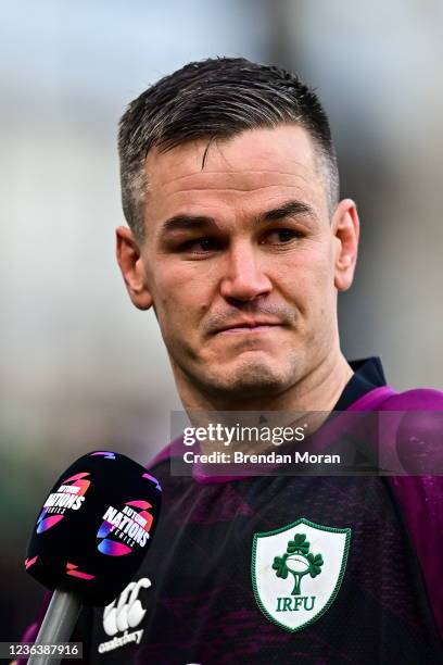 Dublin , Ireland - 6 November 2021; An emotional Jonathan Sexton of Ireland gives an interview after the Autumn Nations Series match between Ireland...