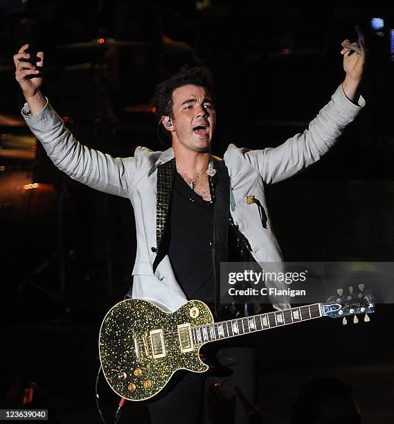 Musician Kevin Jonas of The Jonas Brothers performs at Shoreline Amphitheatre on September 18, 2010 in Mountain View, California.