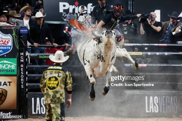 Marcelo Procopio Pereira rides bull WSM'S Trail of Tears during the 2021 PBR World Finals, on November 5th at the T-Mobile Arena in Las Vegas, Nevada.