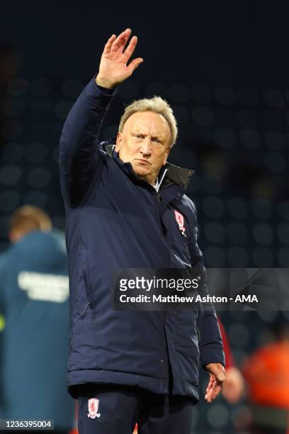Neil Warnock waves goodbye after his last match as the head coach / manager of Middlesbrough during the Sky Bet Championship match between West...