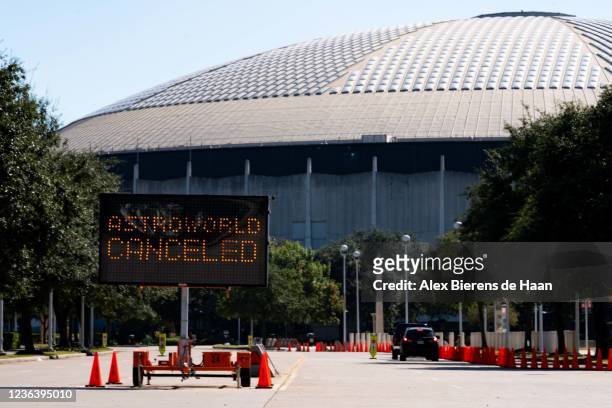 Street sign showing the cancellation of the AstroWorld Festival at NRG Park on November 6, 2021 in Houston, Texas. According to authorities, eight...