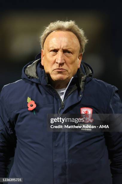 Neil Warnock looks at the fans during his last game as the head coach / manager of Middlesbrough after the Sky Bet Championship match between West...