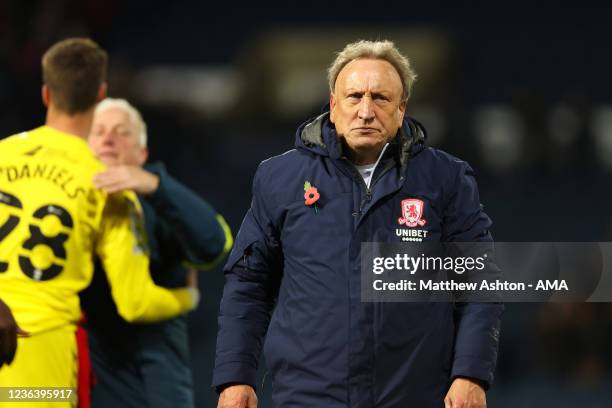 Neil Warnock looks at the fans during his last game as the head coach / manager of Middlesbrough after the Sky Bet Championship match between West...
