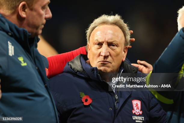 Neil Warnock says goodbye during his last game as the head coach / manager of Middlesbrough after the Sky Bet Championship match between West...