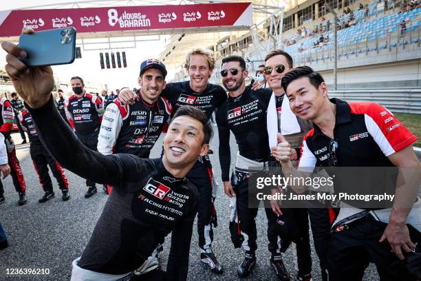 Nov: Kazuki Nakajima of Japan and Toyota Gazoo Racing at his final race with team mates on the grid at the World Endurance Championship Eight Hours...