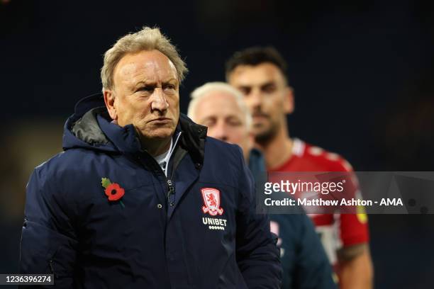 Neil Warnock says goodbye during his last game as the head coach / manager of Middlesbrough after the Sky Bet Championship match between West...