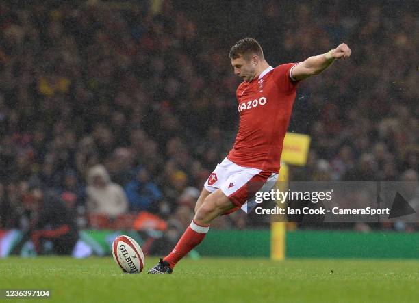 Wales Dan Biggar kicks a penalty during the Autumn Nations Series match between Wales and South Africa at Principality Stadium on November 6, 2021 in...