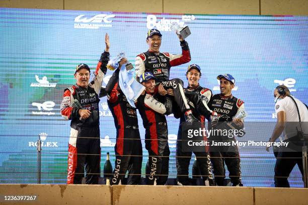 Nov: Race winner Kazuki Nakajima of Japan and Toyota Gazoo Racing celebrates at his final WEC, held aloft by team mates on the podium at the World...