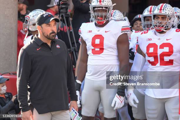 Head coach Ryan Day of the Ohio State Buckeyes prepares to take the field before the game against the Nebraska Cornhuskers at Memorial Stadium on...