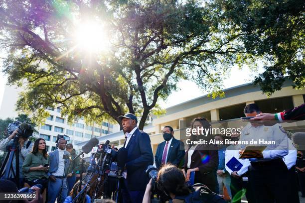 Mayor Sylvester Turner speaks at the press conference addressing the cancellation of the Astroworld festival at the Wyndham Hotel family...