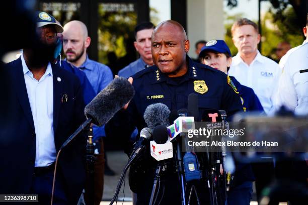 Houston Chief of Police Troy Finner speaks at the press conference addressing the cancellation of the Astroworld festival at the Wyndham Hotel family...