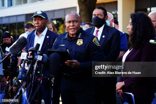 Houston Chief of Police Troy Finner speaks at the press conference addressing the cancellation of the Astroworld festival at the Wyndham Hotel family...