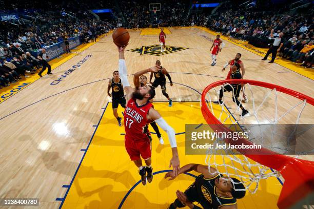 Jonas Valanciunas of the New Orleans Pelicans grabs the rebound against the Golden State Warriors on November 5, 2021 at Chase Center in San...