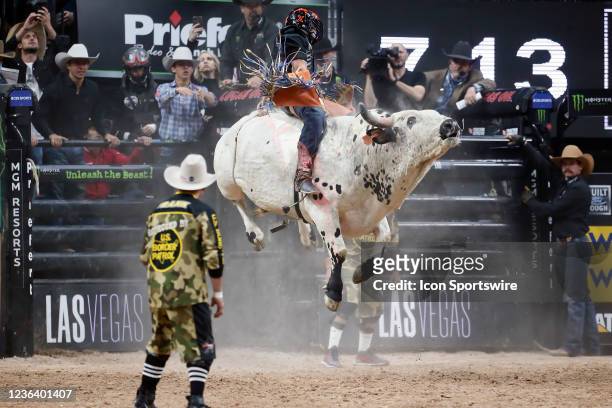 Marcelo Procopio Pereira rides bull WSM'S Trail of Tears during the 2021 PBR World Finals, on November 5th at the T-Mobile Arena in Las Vegas, Nevada.