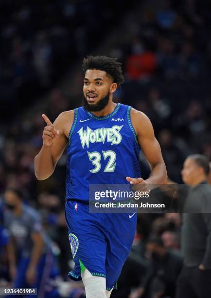 Karl-Anthony Towns of the Minnesota Timberwolves during the game against the LA Clippers on November 5, 2021 at Target Center in Minneapolis,...