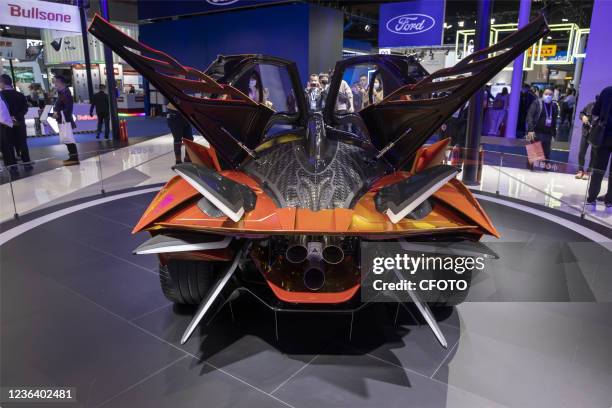 Cutting-edge vehicles featuring pure electric, hydrogen fuel, autonomous driving and air travel are displayed at the automobile Exhibition area of...