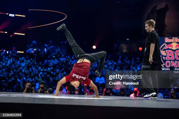 In this handout image provided by Red Bull, Sunni of the UK competes against Amir of Kazakhstan during the Red Bull BC One World Final of break...