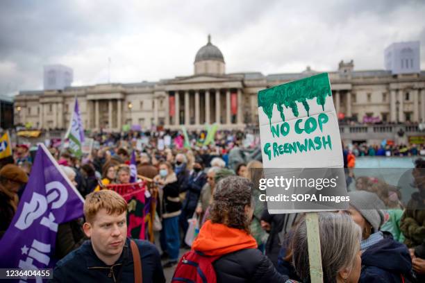 Climate activist seen with a placard expressing her opinion, as they listen to speeches at Trafalgar Square during the demonstration. Global protests...