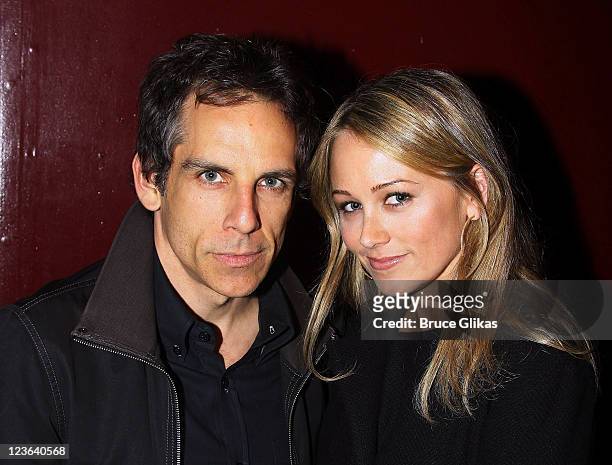 Ben Stiller and Christine Taylor pose at The Opening Night of "The Break of Noon" at Lucille Lortel Theatre on November 22, 2010 in New York City.