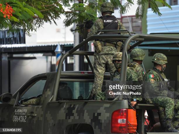 Members of the Mexican Army patroling the center of Playa Del Carmen. On Saturday, 6 November 2021, in Playa Del Carmen, Quintana Roo, Mexico.
