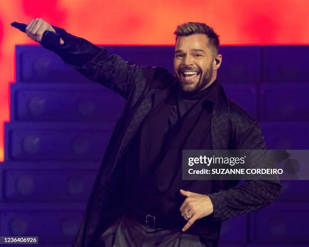 Puerto Rican singer Ricky Martin performs during the Enrique Iglesias and Ricky Martin Live in Concert joint tour at the AT&T center in San Antonio,...