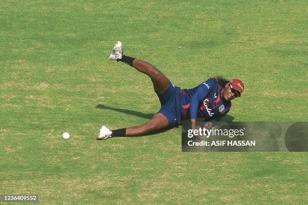 West Indies's Hayley Matthews takes part in a practice session at a stadium in Karachi on November 7 ahead of the three Women's One Day...