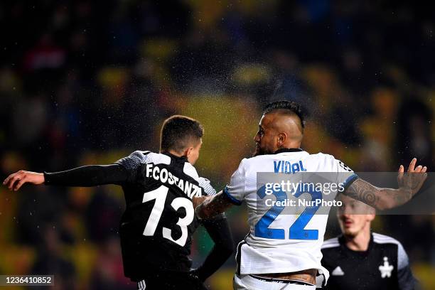 Arturo Vidal and Fernando Costanza in action during the UEFA Champions League group D football match between Sheriff and Inter Milan at Sheriff...