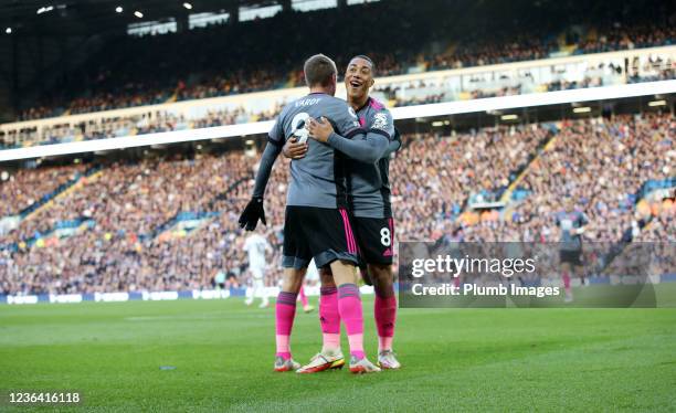 Jamie Vardy of Leicester City and Youri Tielemans of Leicester City celebrate before Ademola Lookman of Leicester Citys goal is ruled offside by VAR...