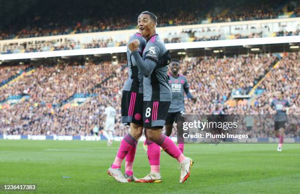 Jamie Vardy of Leicester City and Youri Tielemans of Leicester City celebrate before Ademola Lookman of Leicester Citys goal is ruled offside by VAR...