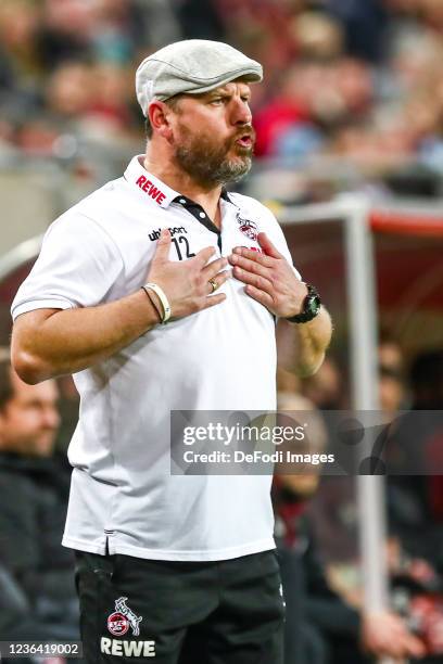 Head coach Steffen Baumgart gestures during the Bundesliga match between 1. FC Köln and 1. FC Union Berlin at RheinEnergieStadion on November 7, 2021...