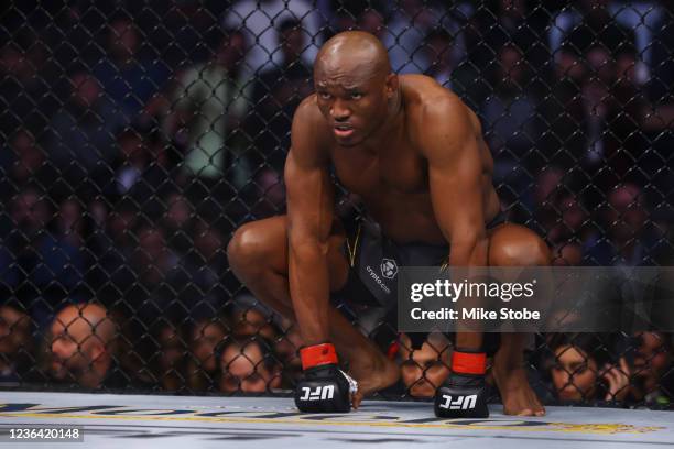 Kamaru Usman prepares to fight Colby Covington in their welterweight title bout during the UFC 268 event at Madison Square Garden on November 06,...