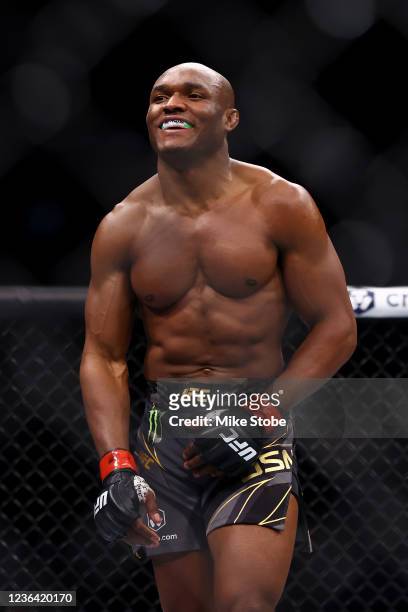 Kamaru Usman smiles against Colby Covington in their welterweight title bout during the UFC 268 event at Madison Square Garden on November 06, 2021...