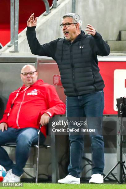 Head coach Urs Fischer of 1. FC Union Berlin gestures during the Bundesliga match between 1. FC Köln and 1. FC Union Berlin at RheinEnergieStadion on...