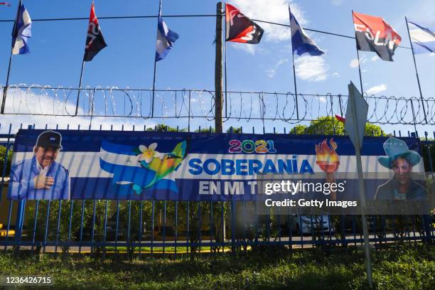 The figure of Nicaragua's president, Daniel Ortega, is seen on banners of the Nicaraguan Energy Institute on November 7, 2021 in Managua, Nicaragua....